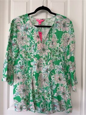 NWT Lilly Pulitzer Hollie Linen Tunic in Spearmint Blossom Views Large L